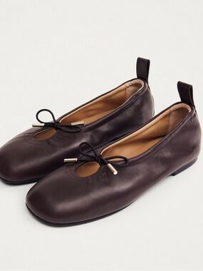 ALOHAS Dark Burgundy Leather Ballet Flats with Bow Accent